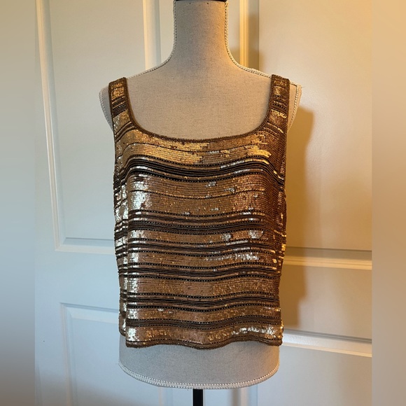 Vintage Tops - 🧡💚 Vintage 70s 80s Camille Marie Gold Sequins 100% Silk Tank Large